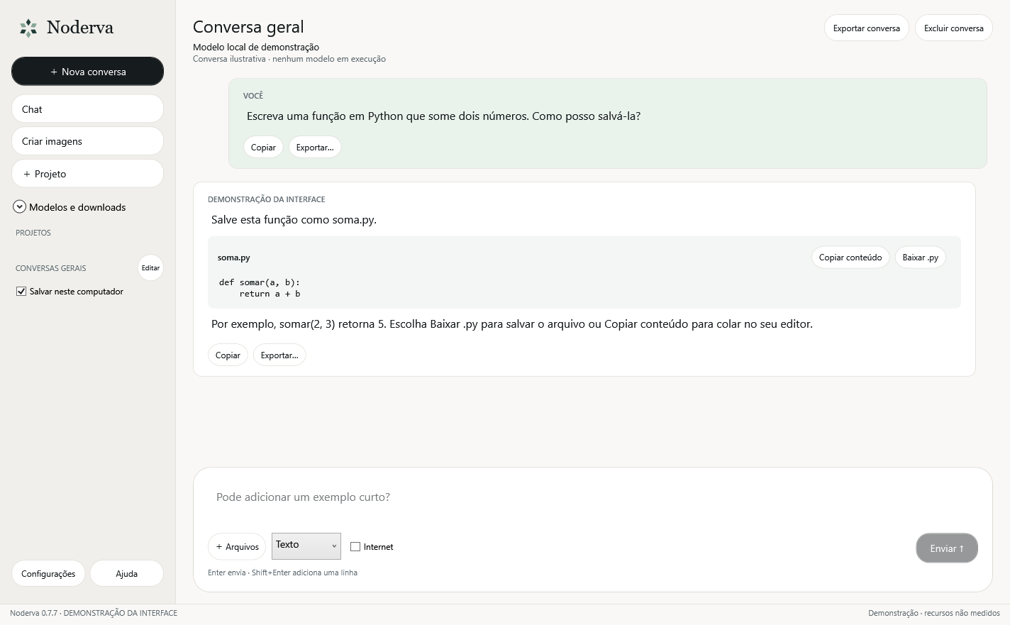 Prévia da interface da Noderva 0.7.7 com uma conversa de exemplo